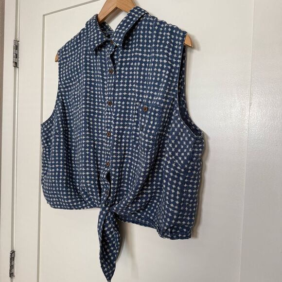Lauren Ralph Lauren Top Sz 3X Blue Linen Sleeveless Button Up Tie Front Western - Picture 2 of 9